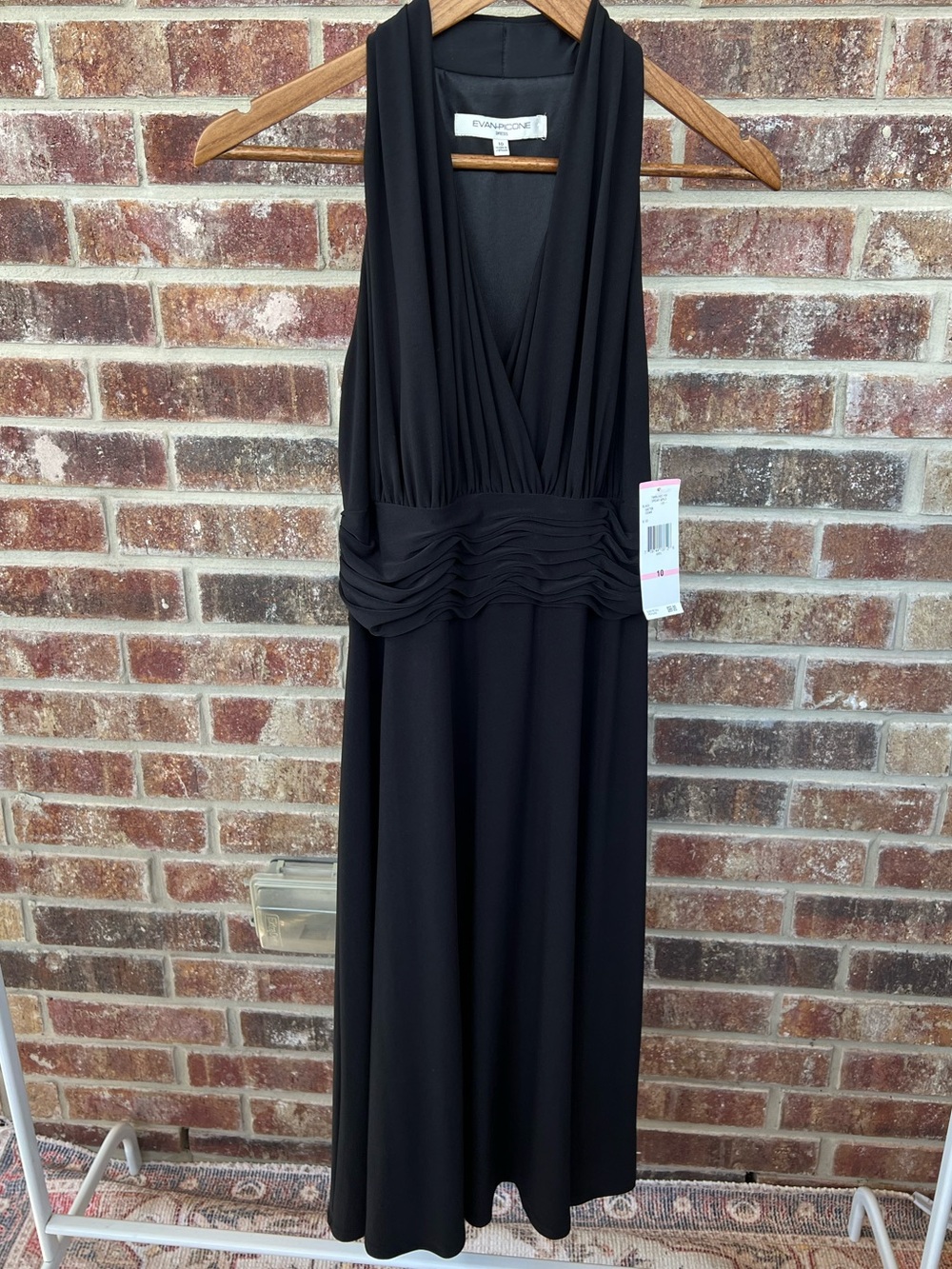 Evan Picone Black Halter Dress Ruched Waist Midi V Neck Wedding Guest Gown Size